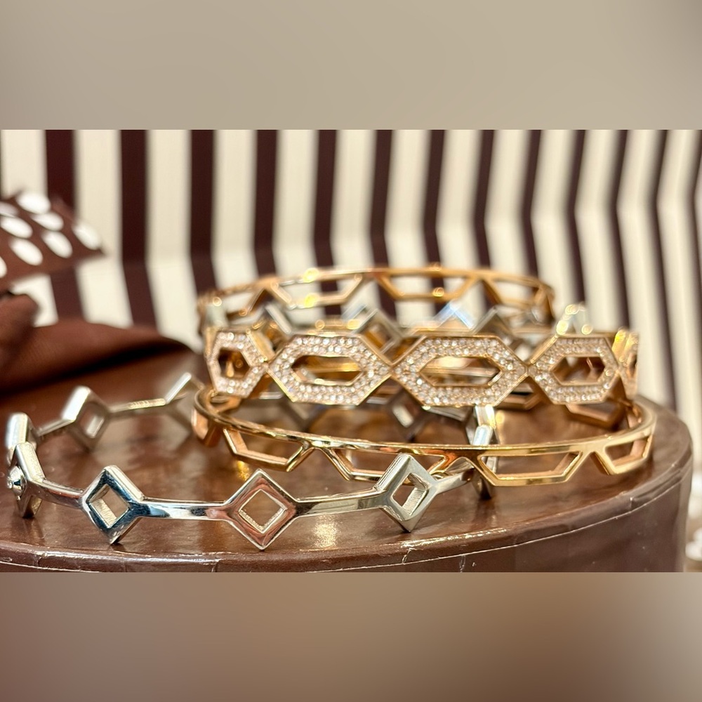 HENRI BENDEL Rose Gold/Silver-Tone Stackable Bangle Geometric/Honeycomb/Openwork - Picture 8 of 10
